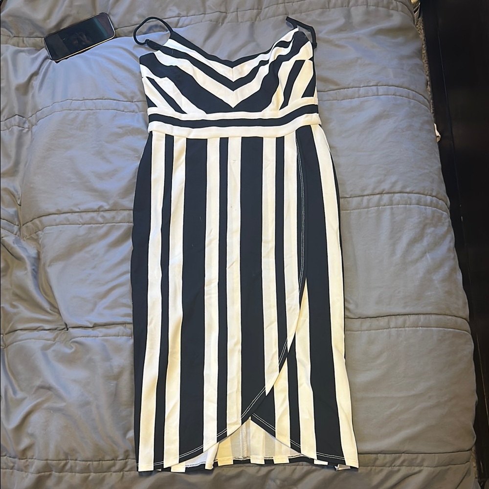 Black and White Sheath Midi Dress with Spaghetti Straps